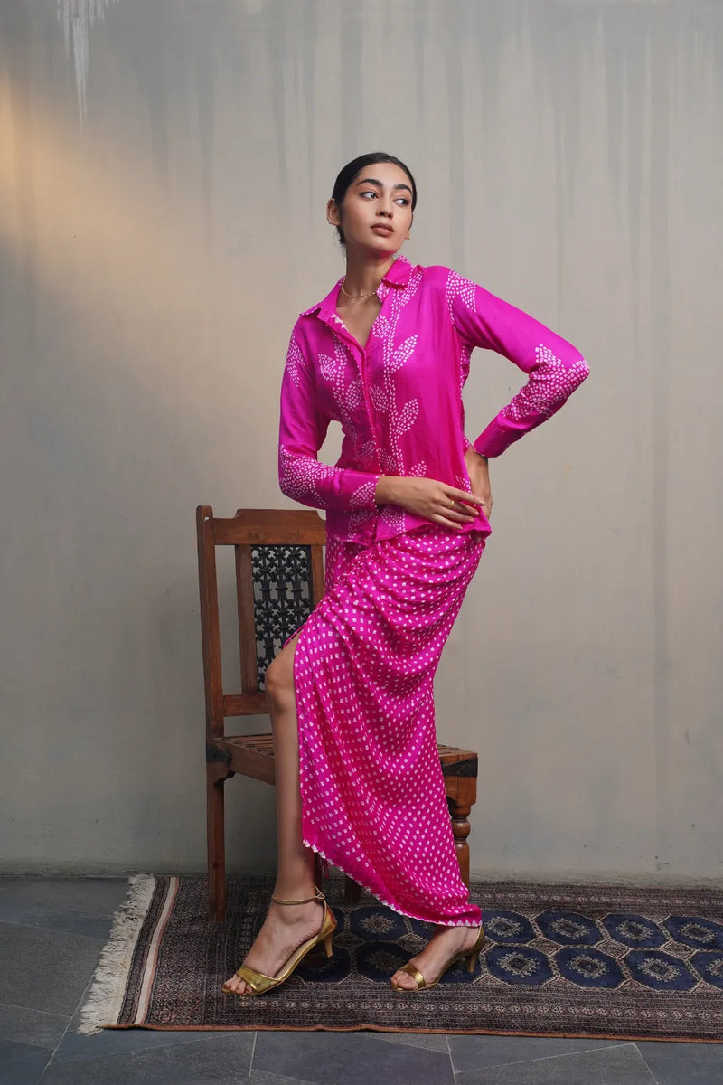 HANOI SKIRT SET-FUSCHIA PINK silk by Dyelogue in pink color for women Worldwide