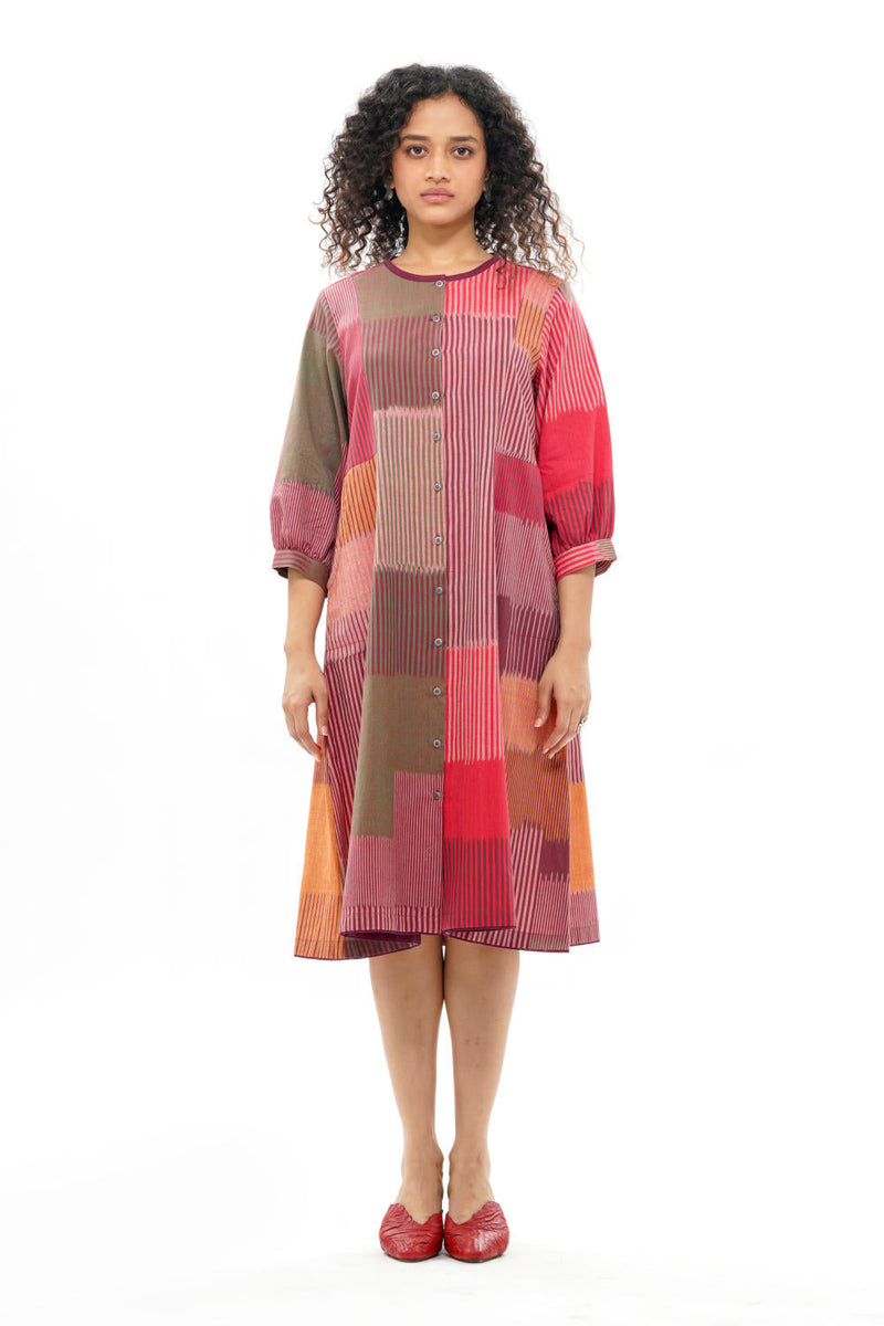 HARU CLASSIC PANELLED DRESS 100% cotton by Translate - Handwoven Ikat in red color for women Worldwide