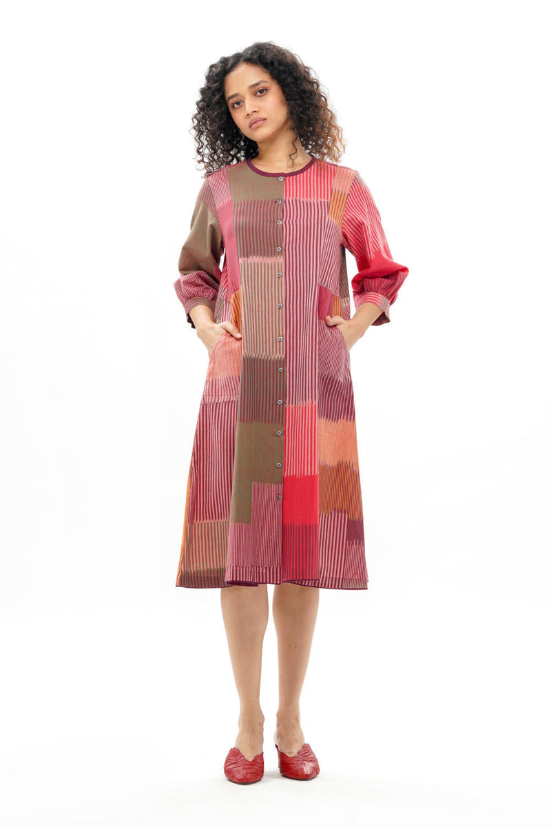 HARU CLASSIC PANELLED DRESS 100% cotton by Translate - Handwoven Ikat in red color for women Worldwide