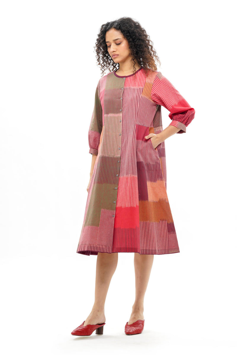 HARU CLASSIC PANELLED DRESS 100% cotton by Translate - Handwoven Ikat in red color for women Worldwide