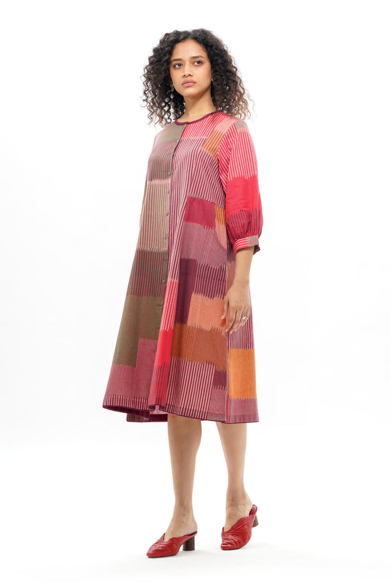 HARU CLASSIC PANELLED DRESS 100% cotton by Translate - Handwoven Ikat in red color for women Worldwide