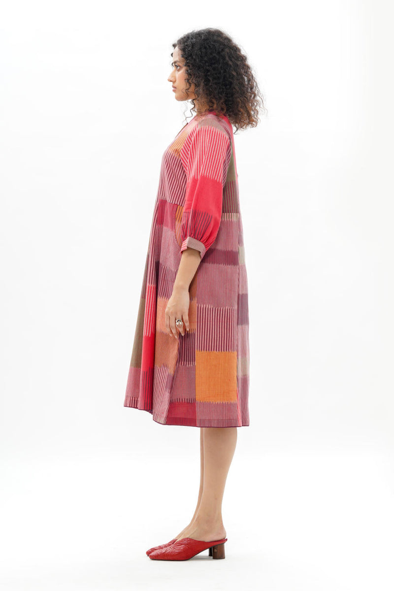 HARU CLASSIC PANELLED DRESS 100% cotton by Translate - Handwoven Ikat in red color for women Worldwide