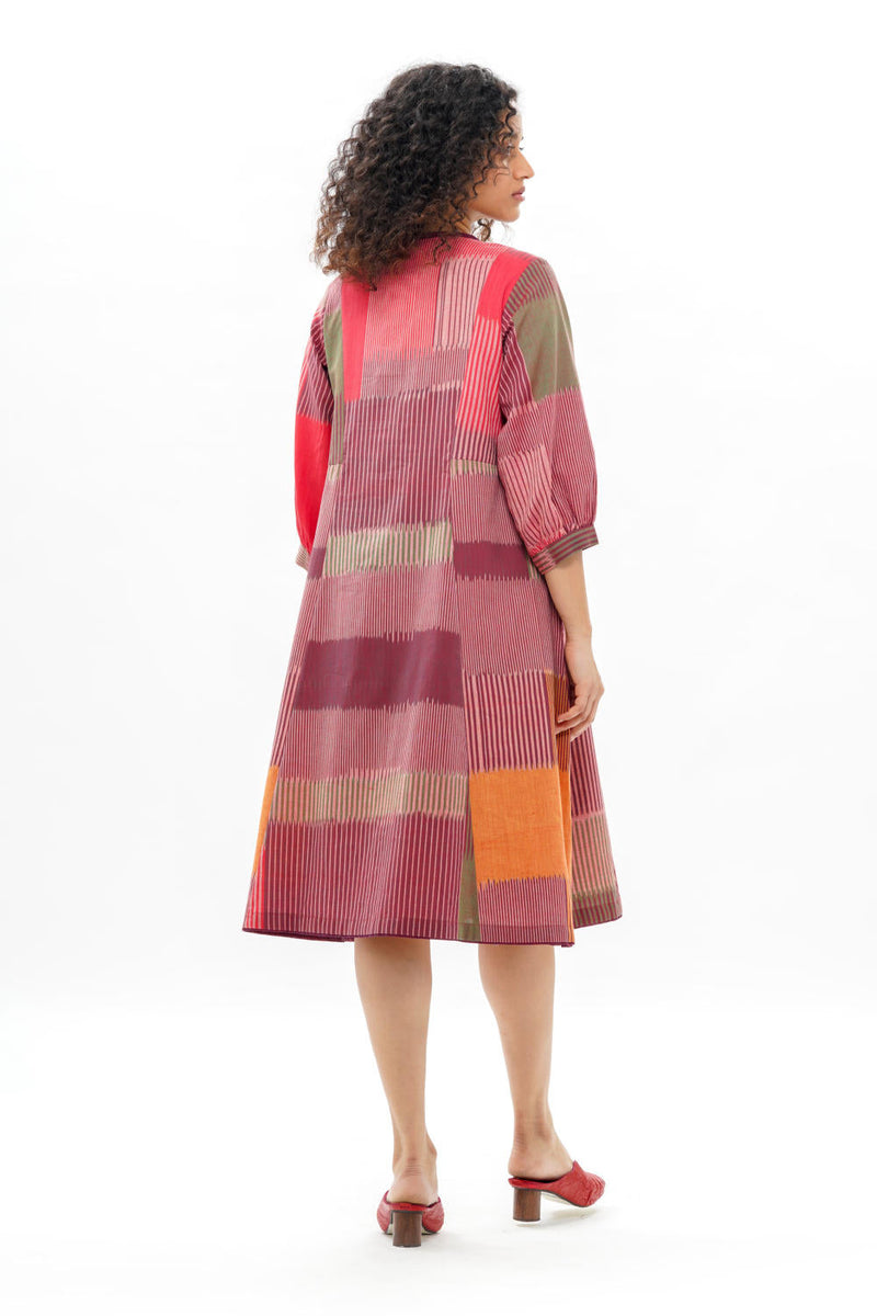 HARU CLASSIC PANELLED DRESS 100% cotton by Translate - Handwoven Ikat in red color for women Worldwide