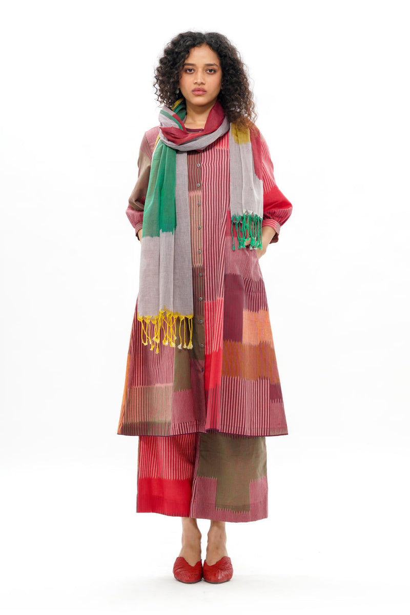 HARU CLASSIC PANELLED DRESS 100% cotton by Translate - Handwoven Ikat in red color for women Worldwide
