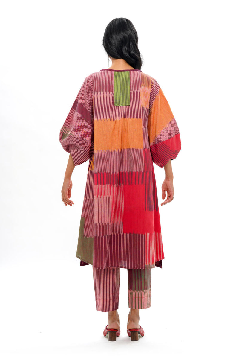 HARU LANTERN SLEEVE DRESS 100% cotton by Translate - Handwoven Ikat in red color for women Worldwide