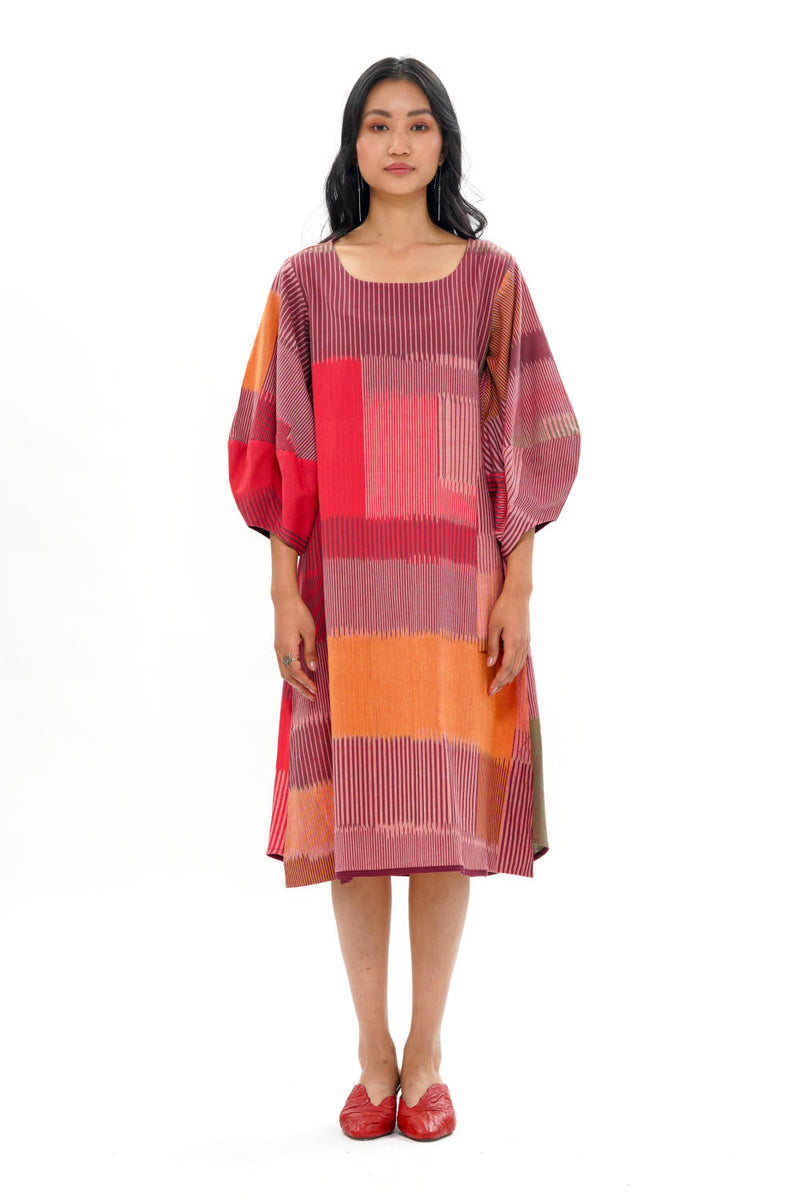 HARU LANTERN SLEEVE DRESS 100% cotton by Translate - Handwoven Ikat in red color for women Worldwide