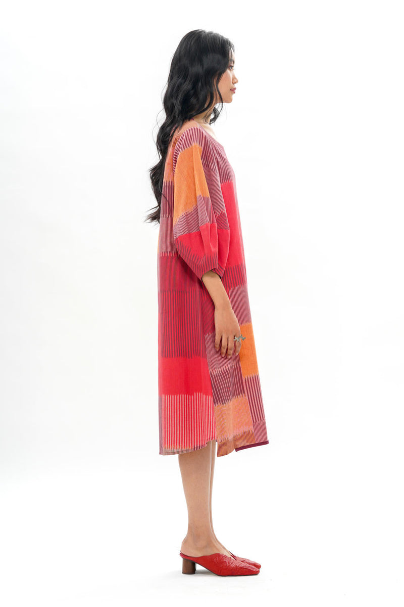 HARU LANTERN SLEEVE DRESS 100% cotton by Translate - Handwoven Ikat in red color for women Worldwide
