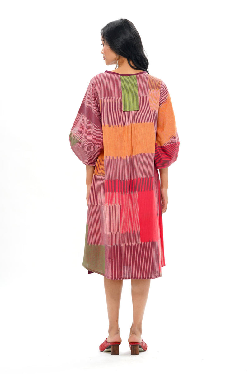 HARU LANTERN SLEEVE DRESS 100% cotton by Translate - Handwoven Ikat in red color for women Worldwide