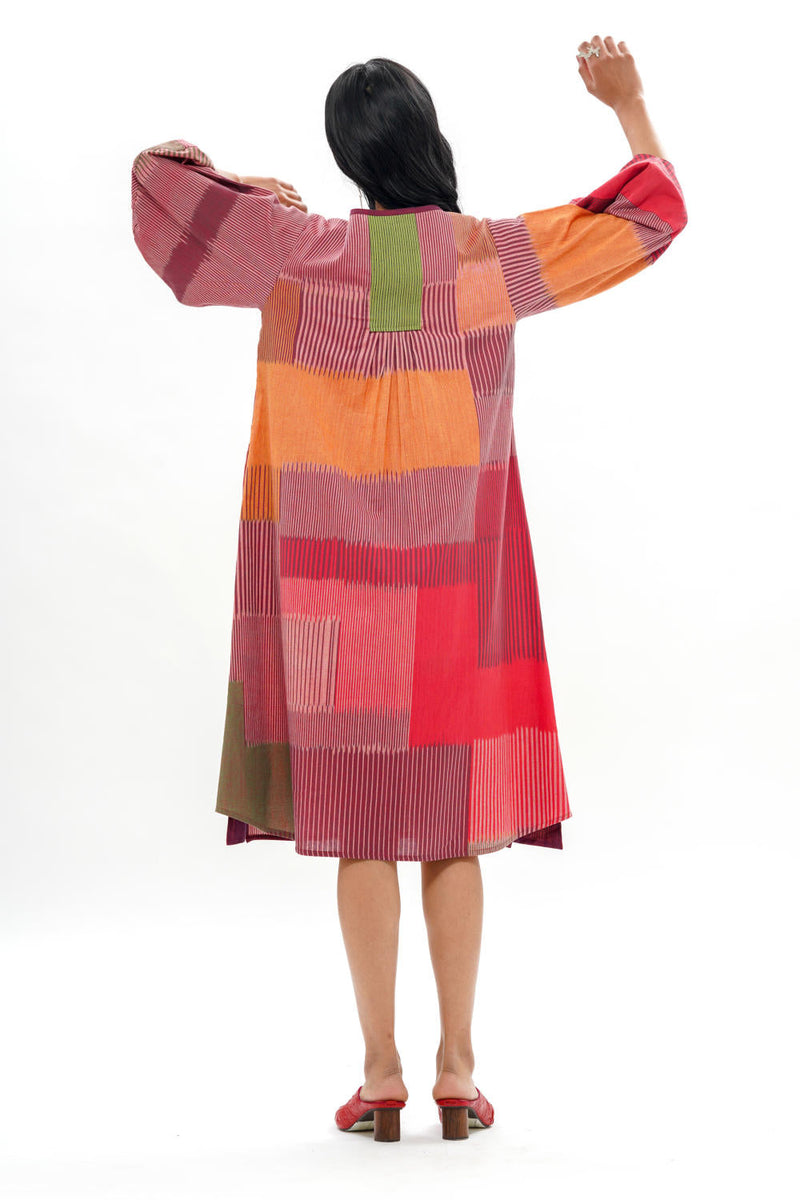 HARU LANTERN SLEEVE DRESS 100% cotton by Translate - Handwoven Ikat in red color for women Worldwide