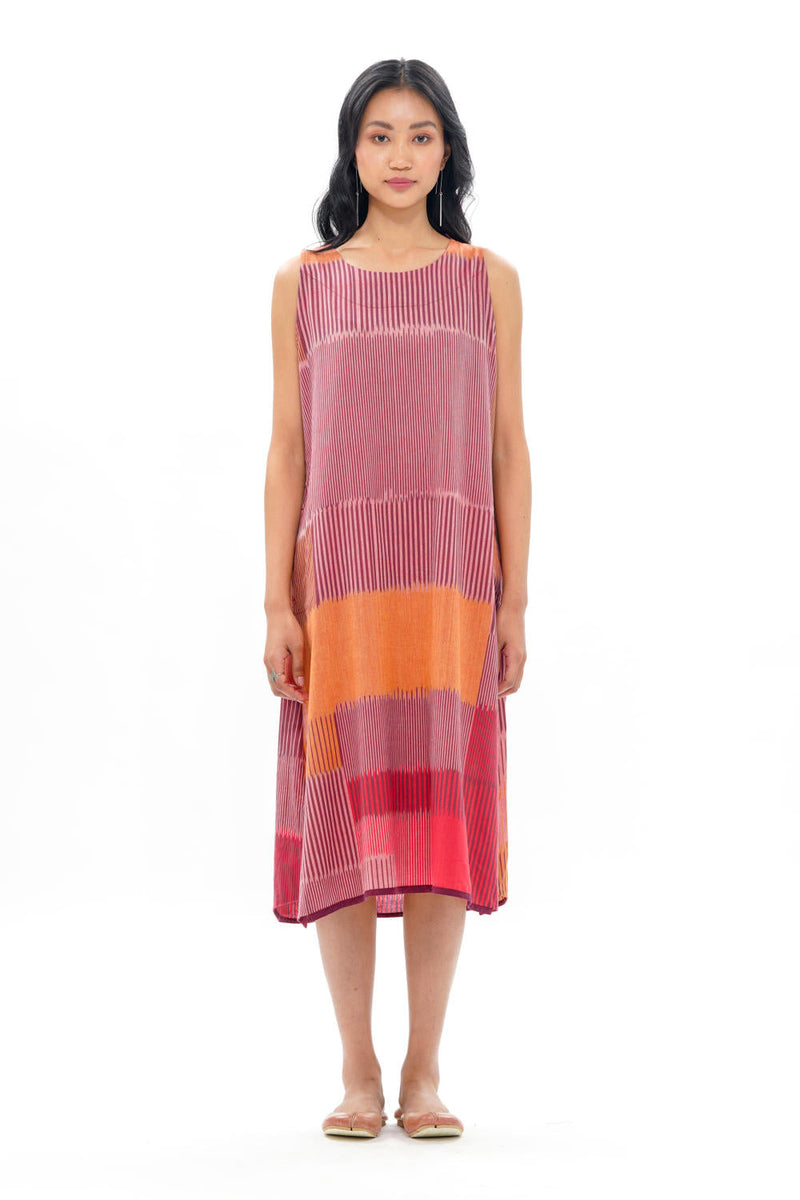 HARU SLEEVELESS DRESS 100% cotton by Translate - Handwoven Ikat in red color for women Worldwide