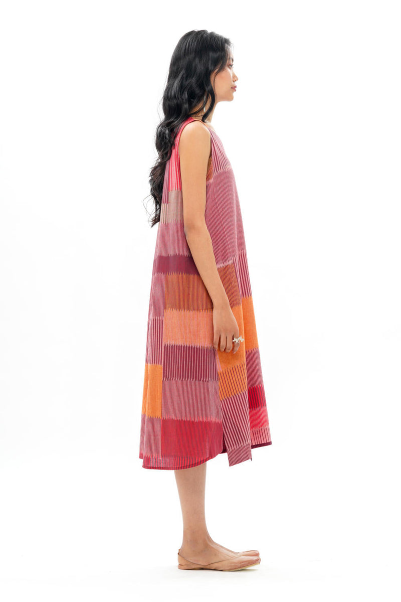 HARU SLEEVELESS DRESS 100% cotton by Translate - Handwoven Ikat in red color for women Worldwide
