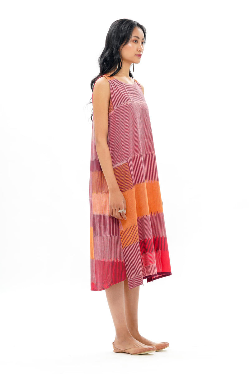 HARU SLEEVELESS DRESS 100% cotton by Translate - Handwoven Ikat in red color for women Worldwide