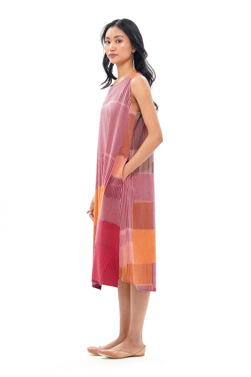 HARU SLEEVELESS DRESS 100% cotton by Translate - Handwoven Ikat in red color for women Worldwide