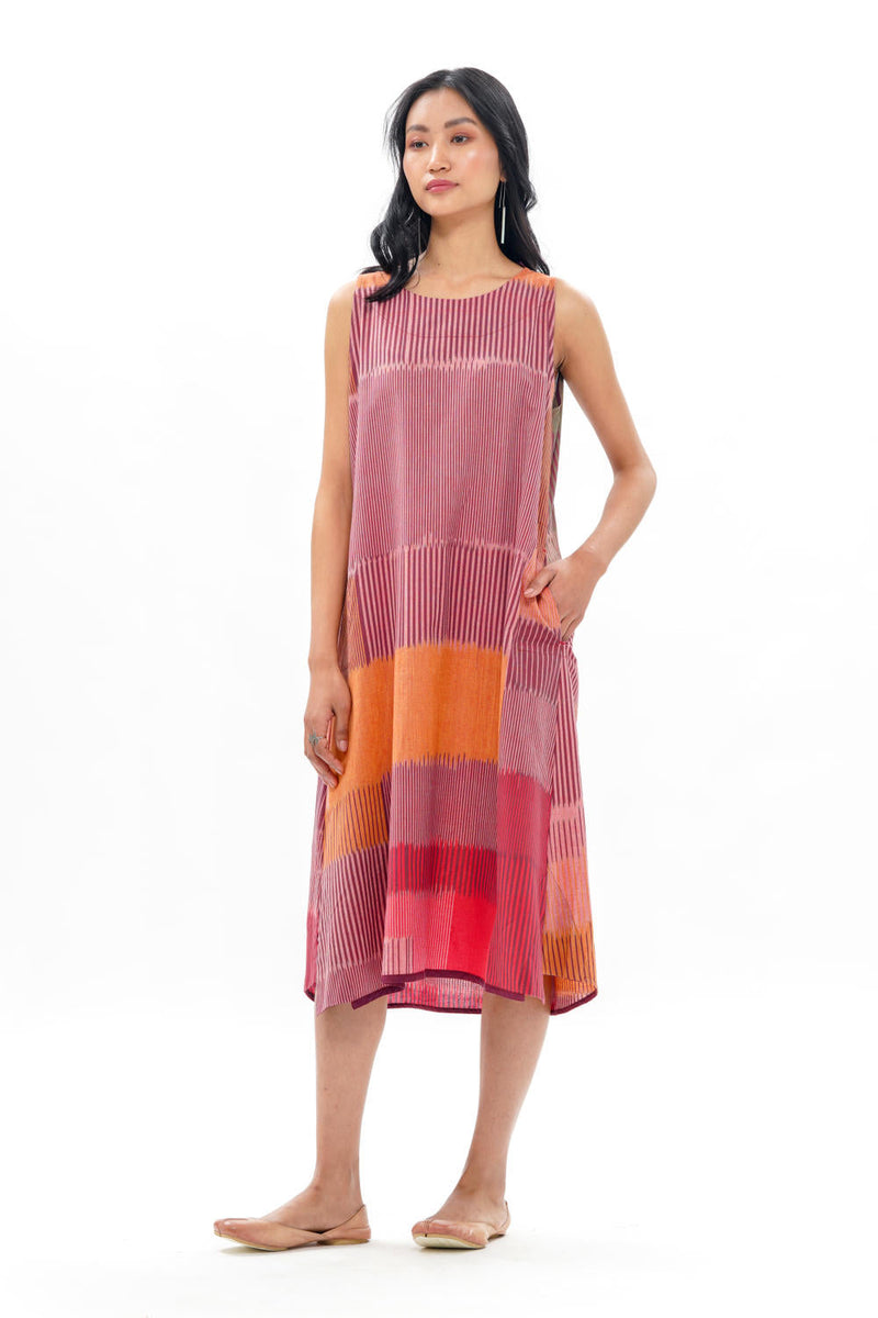 HARU SLEEVELESS DRESS 100% cotton by Translate - Handwoven Ikat in red color for women Worldwide