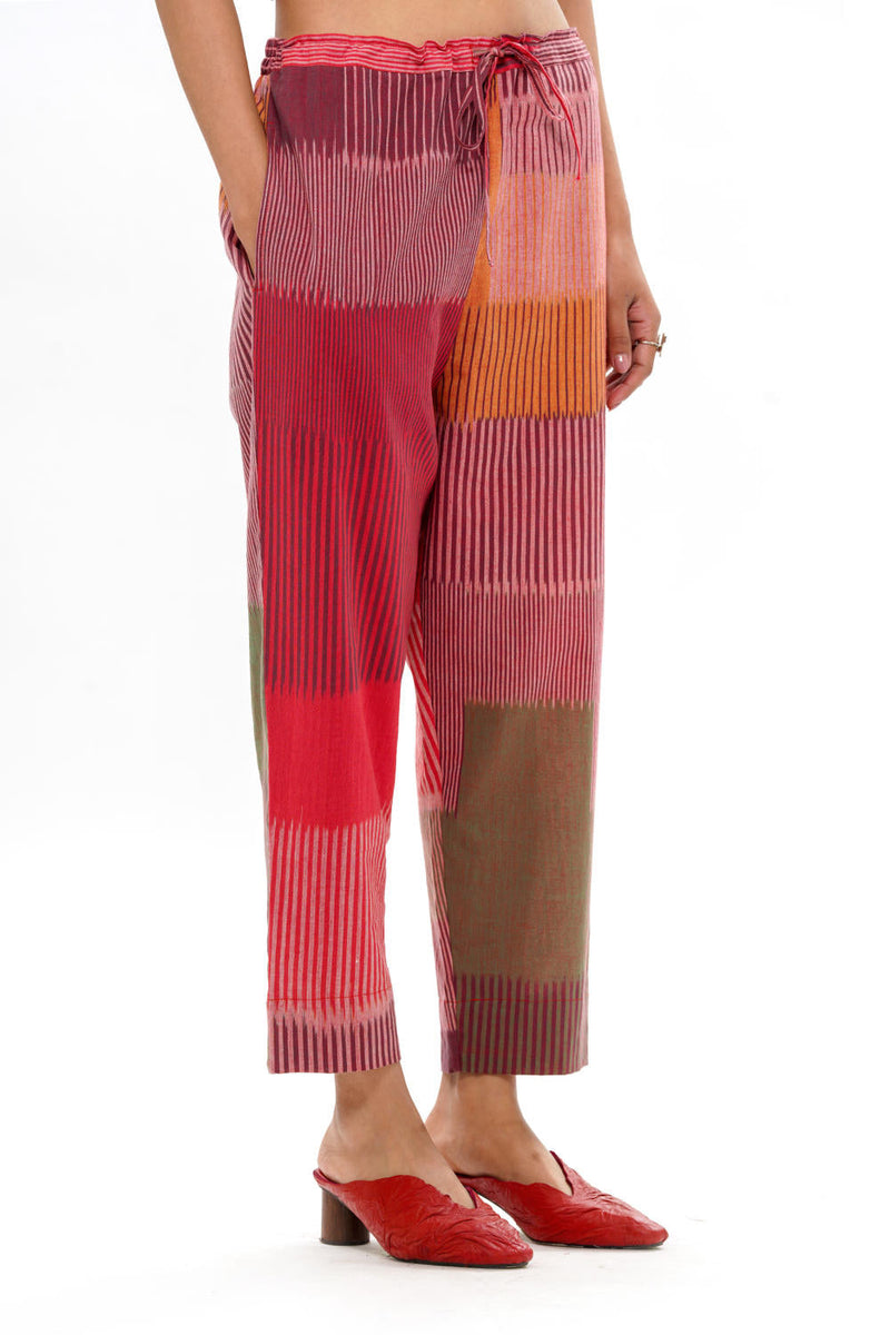 HARU STRAIGHT PANT 100% cotton by Translate - Handwoven Ikat in red color for women Worldwide