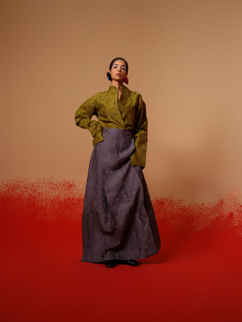 Haze Shirt-Moss Green mysore silk tops and shirts by Stoique in moss green for women Worldwide