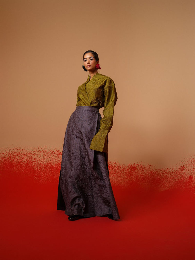 Haze Shirt-Moss Green mysore silk tops and shirts by Stoique in moss green for women Worldwide