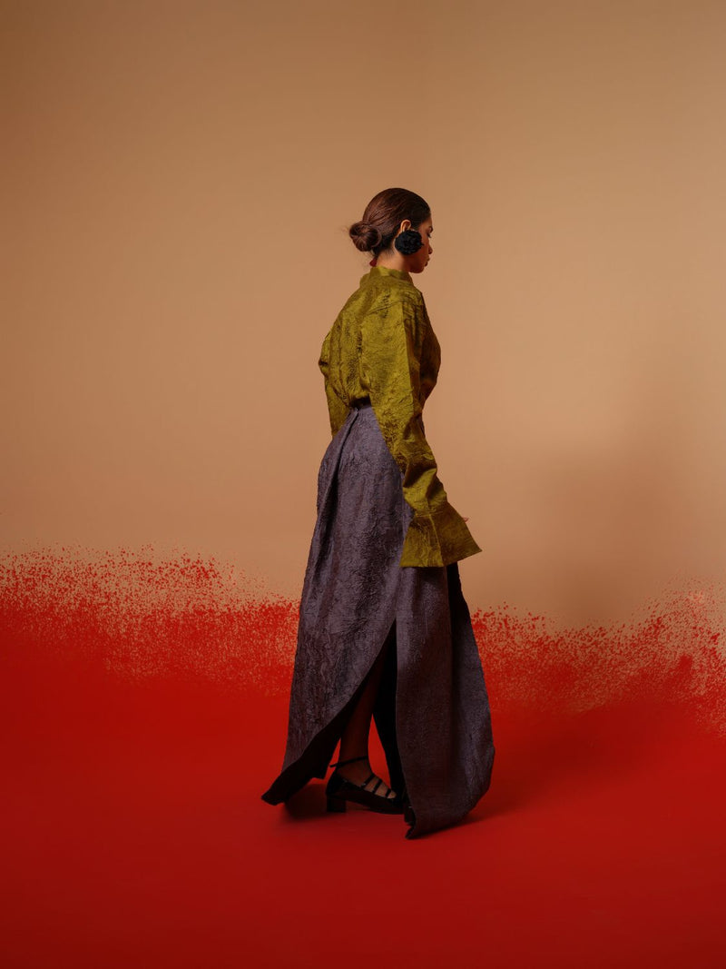 Haze Shirt-Moss Green mysore silk tops and shirts by Stoique in moss green for women Worldwide