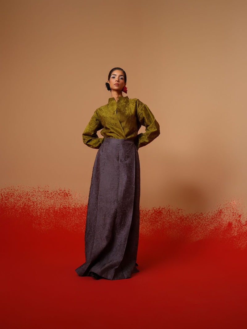 Haze Shirt-Moss Green mysore silk tops and shirts by Stoique in moss green for women Worldwide