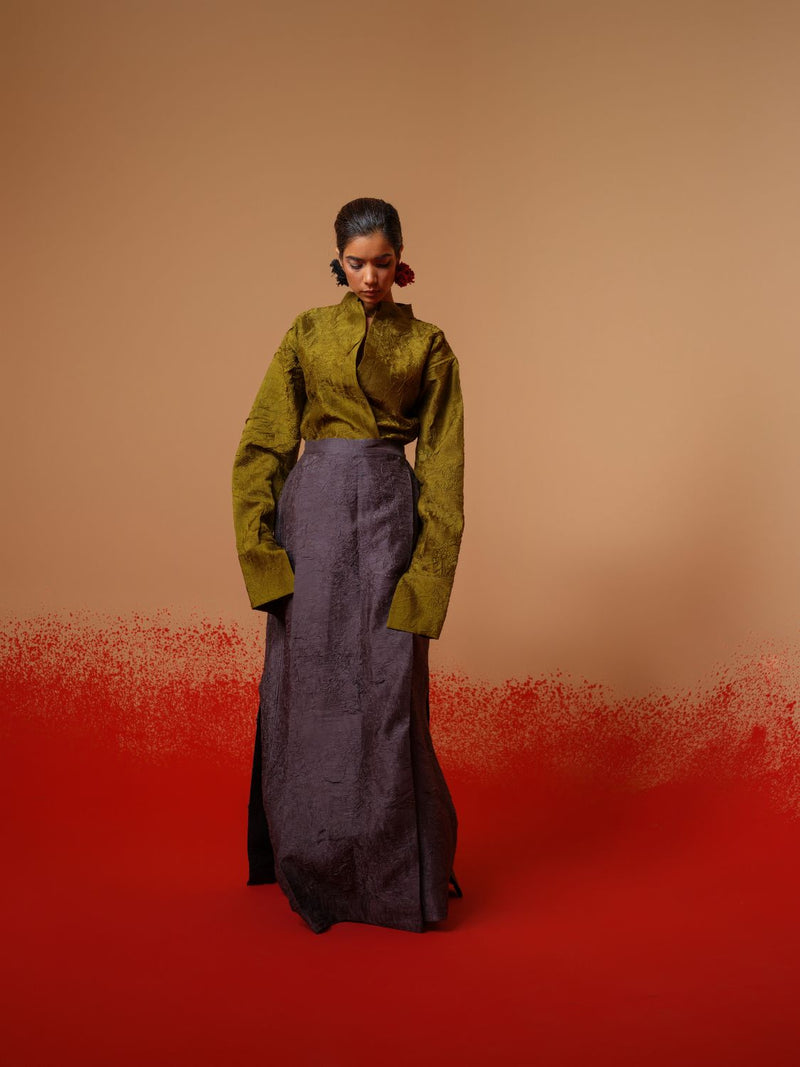 Haze Shirt-Moss Green mysore silk tops and shirts by Stoique in moss green for women Worldwide