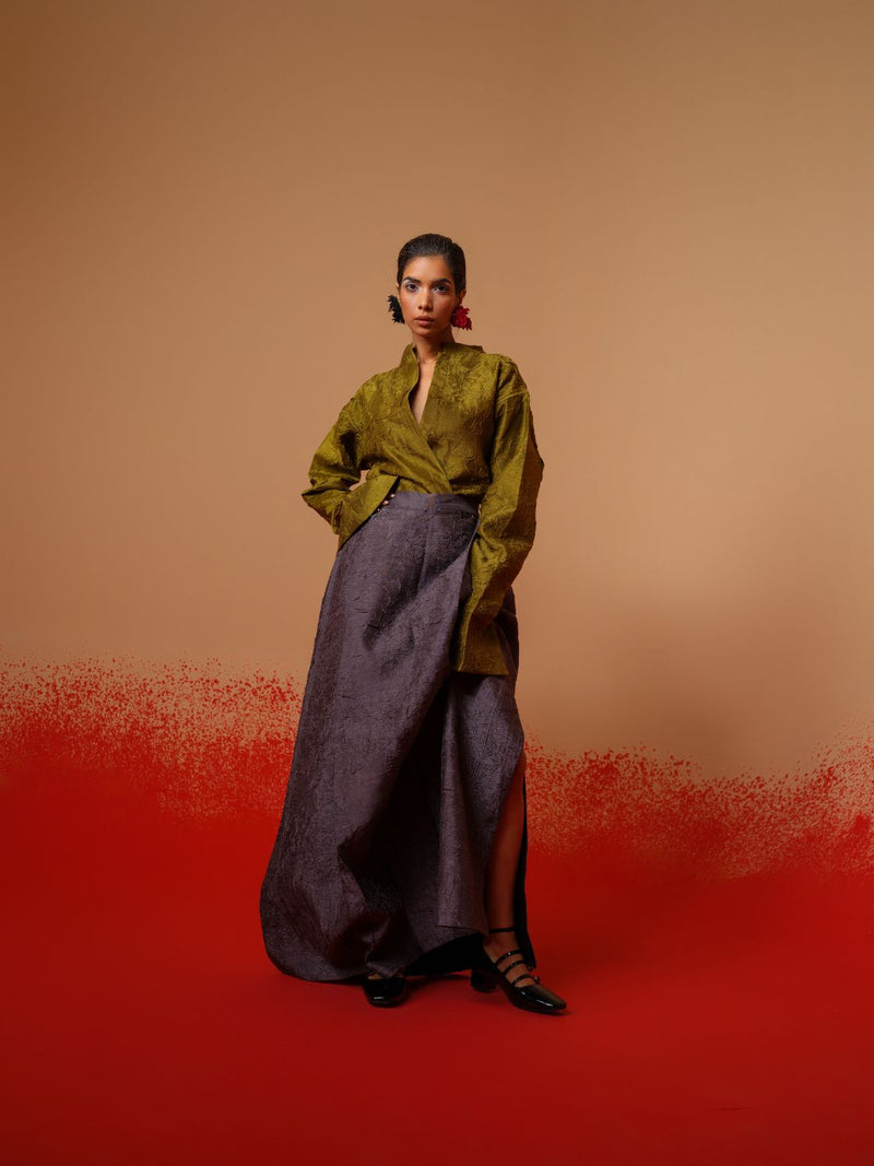 Haze Shirt-Moss Green mysore silk tops and shirts by Stoique in moss green for women Worldwide