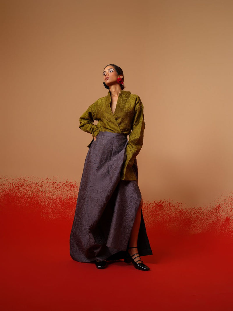 Haze Shirt-Moss Green mysore silk tops and shirts by Stoique in moss green for women Worldwide