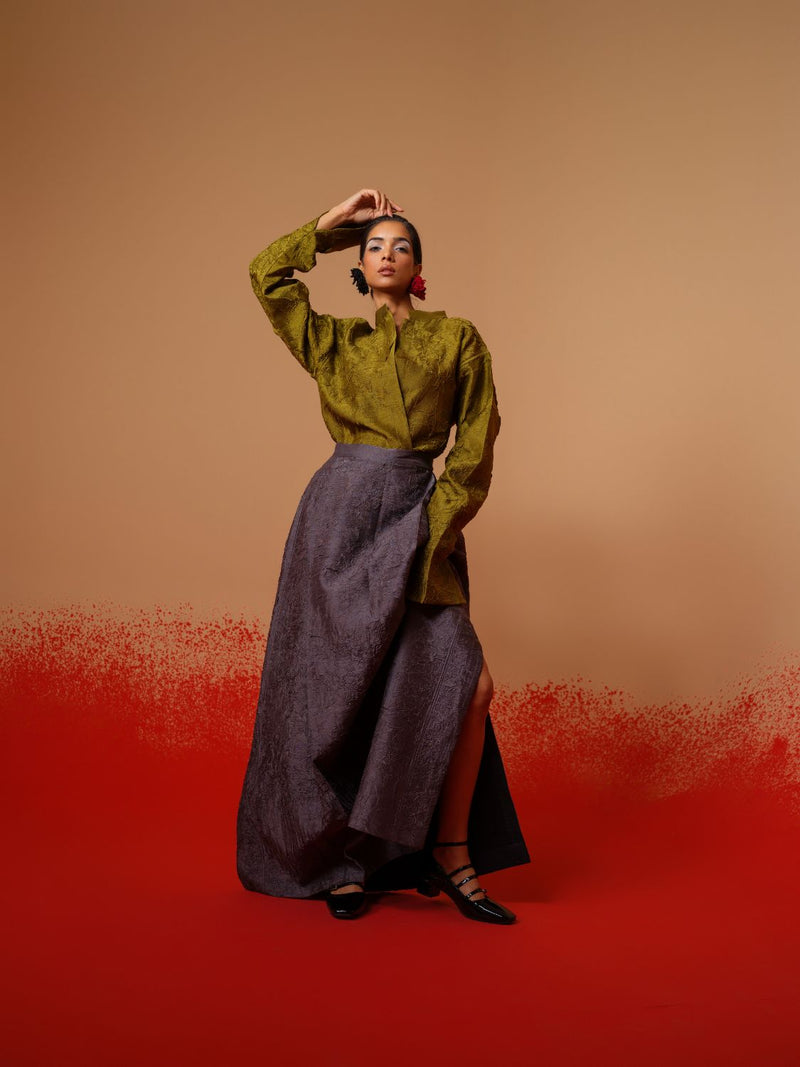 Haze Shirt-Moss Green mysore silk tops and shirts by Stoique in moss green for women Worldwide