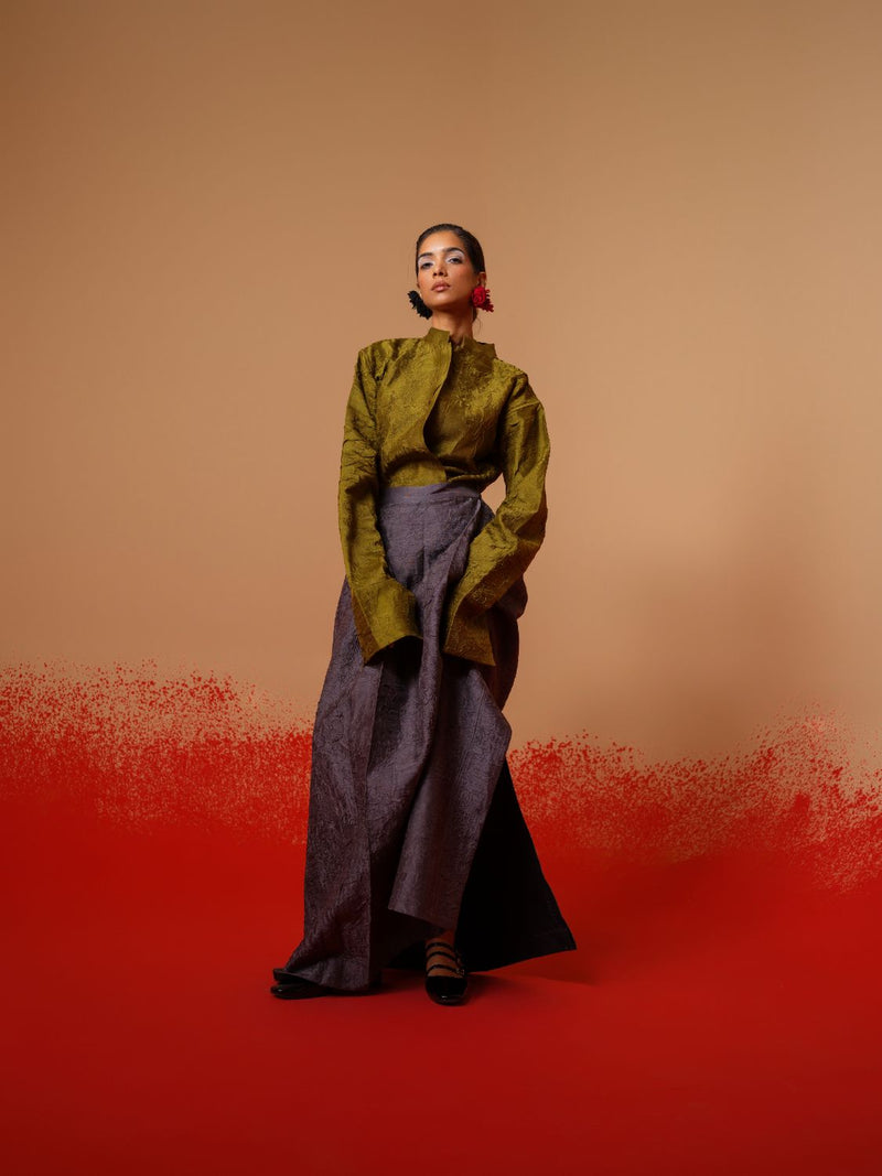 Haze Shirt-Moss Green mysore silk tops and shirts by Stoique in moss green for women Worldwide
