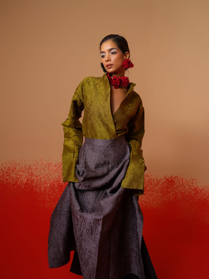 Haze Shirt-Moss Green mysore silk tops and shirts by Stoique in moss green for women Worldwide