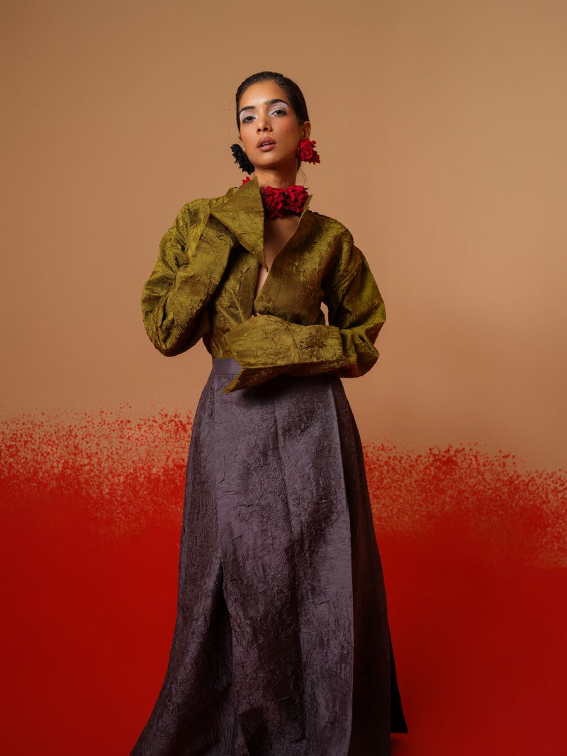 Haze Shirt-Moss Green mysore silk tops and shirts by Stoique in moss green for women Worldwide