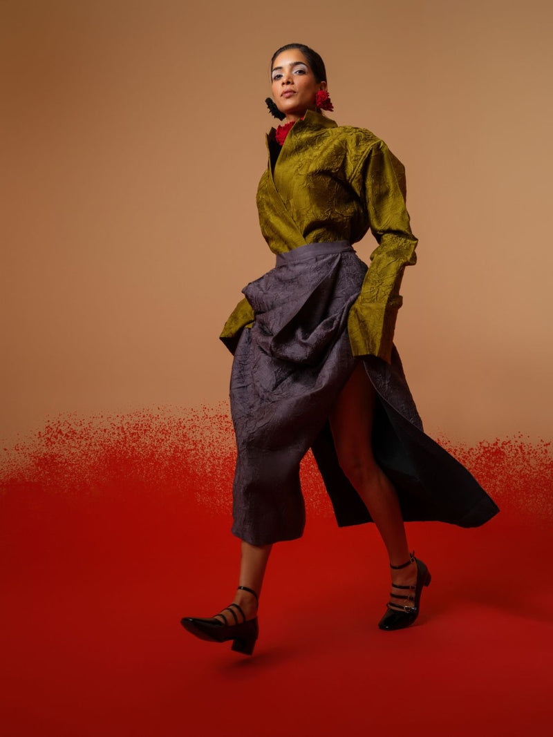 Haze Shirt-Moss Green mysore silk tops and shirts by Stoique in moss green for women Worldwide