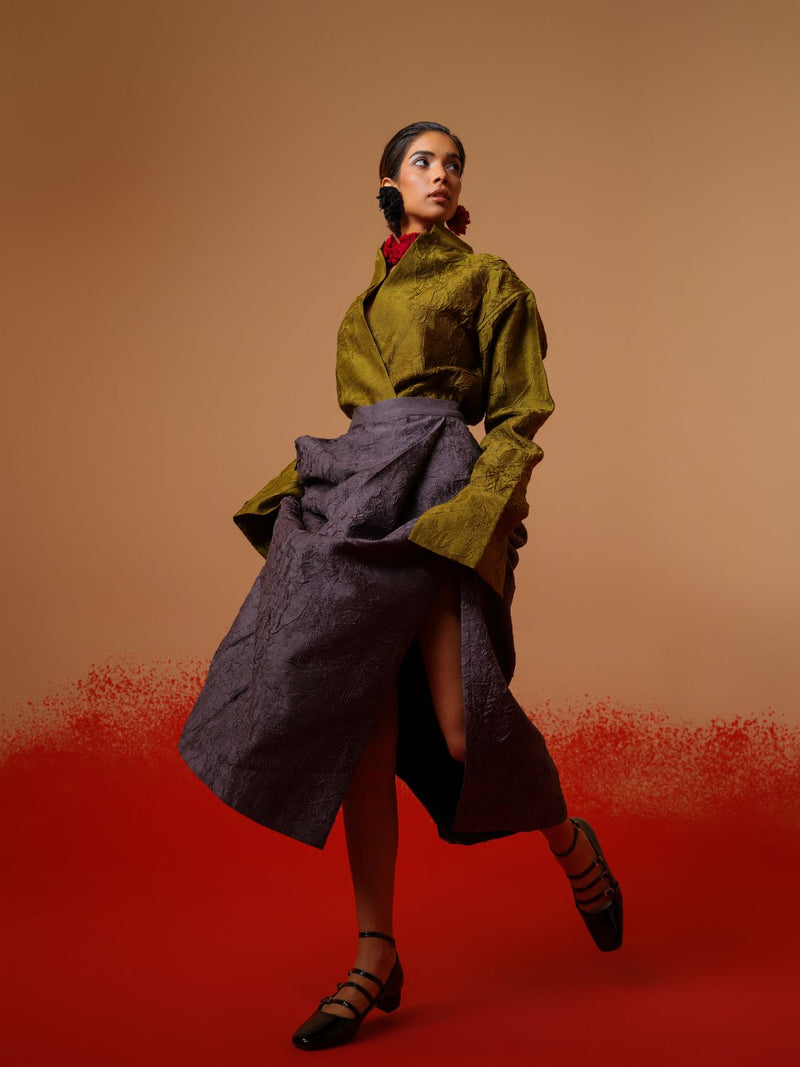 Haze Shirt-Moss Green mysore silk tops and shirts by Stoique in moss green for women Worldwide