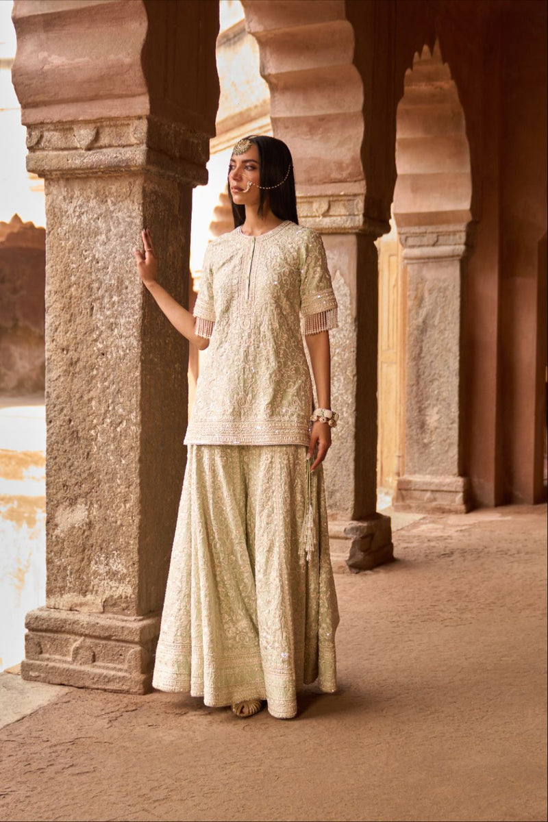 HEER - MINT GREEN SHORT KURTA WITH SHARARA AND DUPATTA silk organza kurta/kurta set by SHEETAL BATRA in mint green for women Worldwide