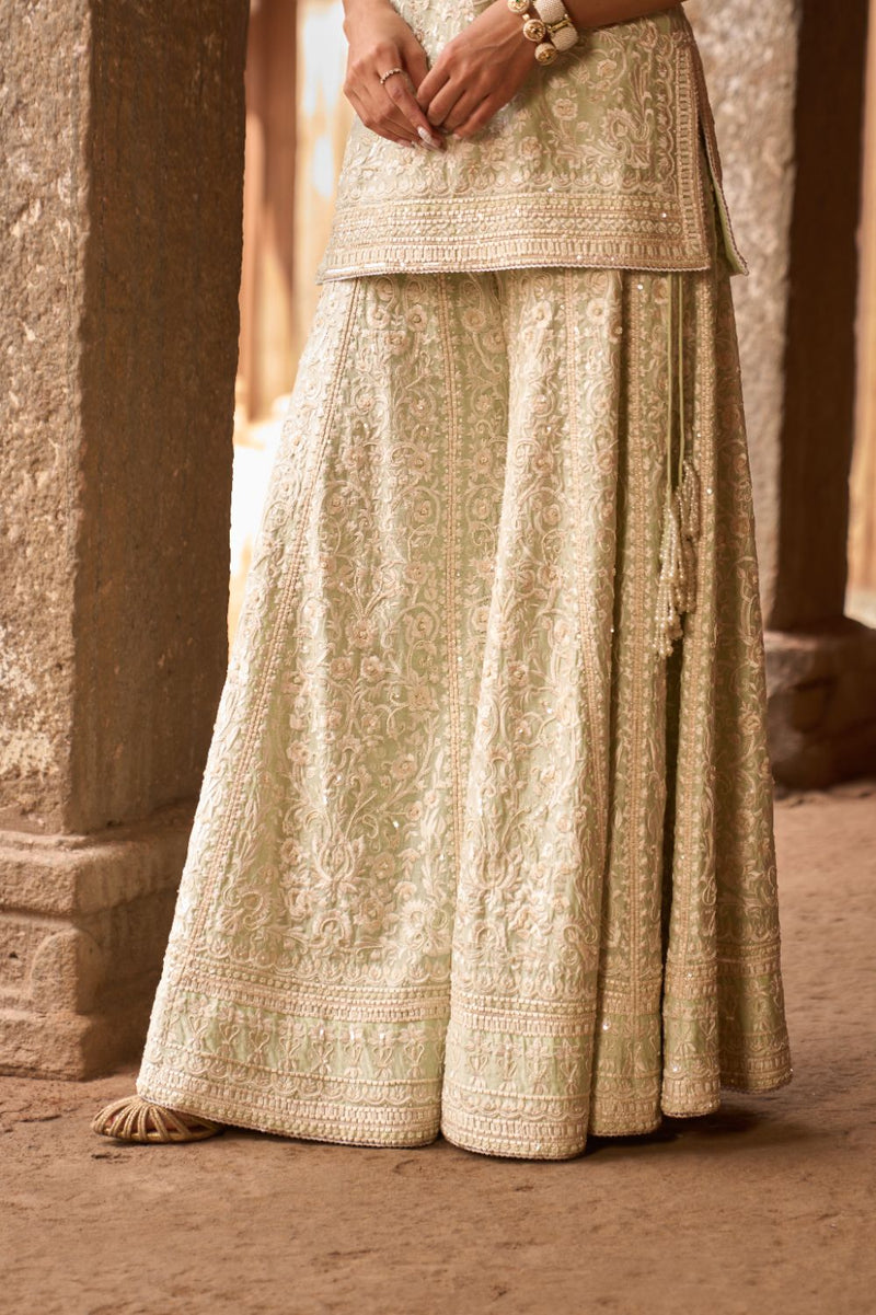 HEER - MINT GREEN SHORT KURTA WITH SHARARA AND DUPATTA silk organza kurta/kurta set by SHEETAL BATRA in mint green for women Worldwide