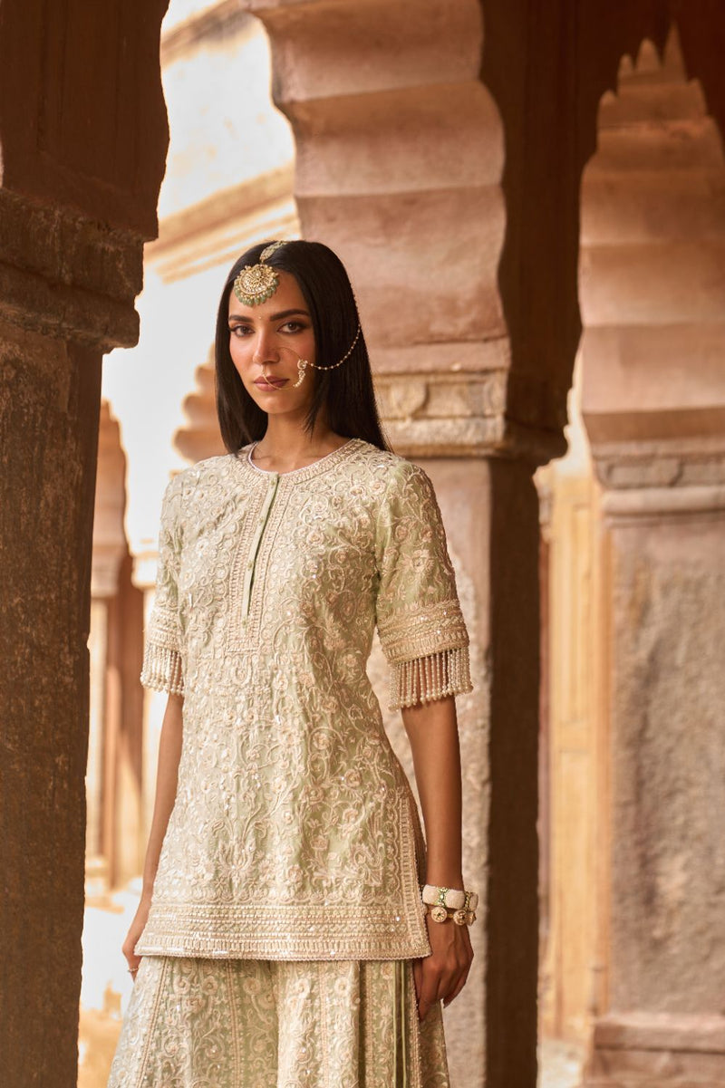HEER - MINT GREEN SHORT KURTA WITH SHARARA AND DUPATTA silk organza kurta/kurta set by SHEETAL BATRA in mint green for women Worldwide