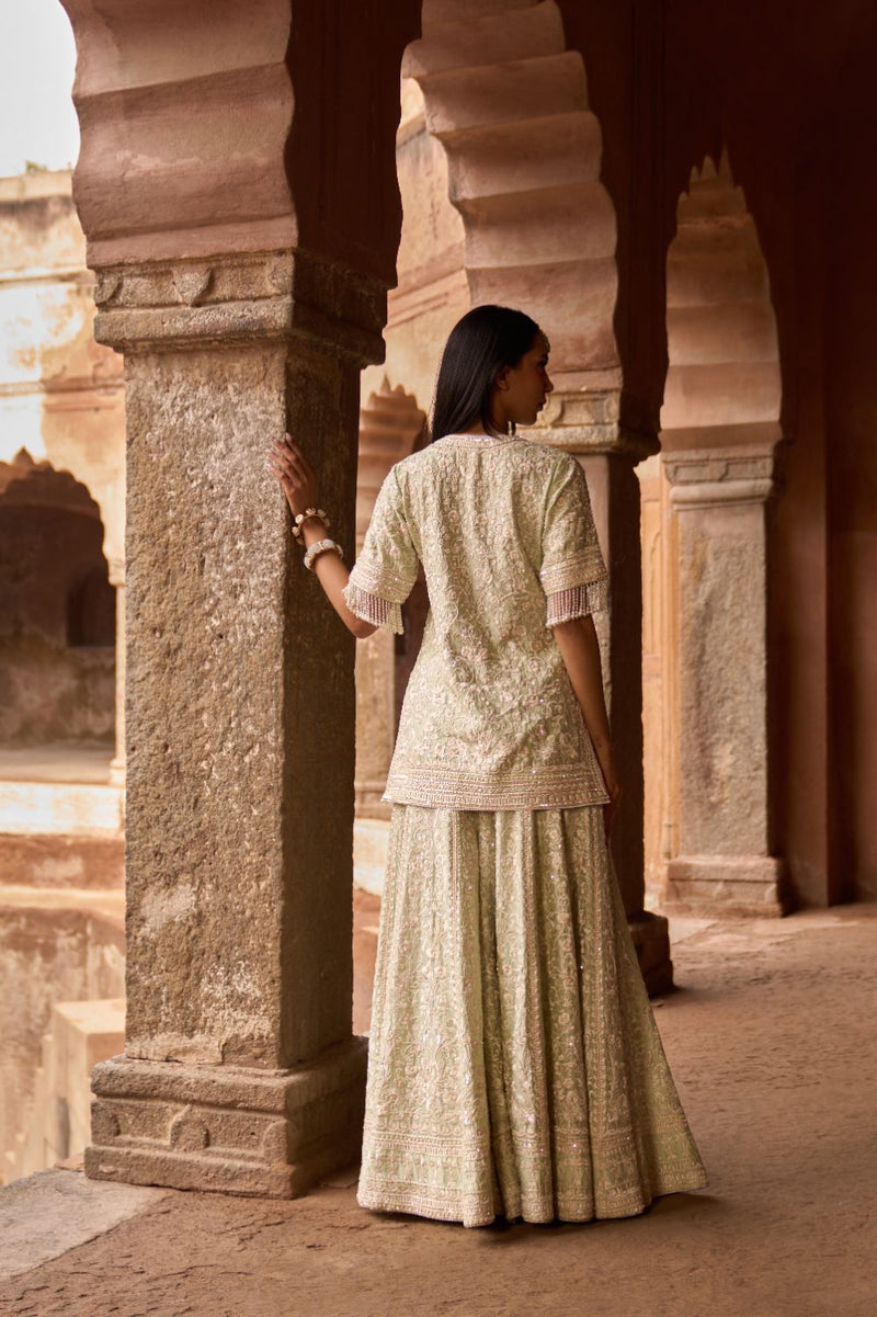 HEER - MINT GREEN SHORT KURTA WITH SHARARA AND DUPATTA silk organza kurta/kurta set by SHEETAL BATRA in mint green for women Worldwide