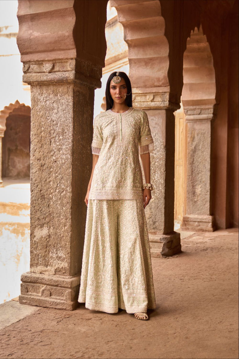 HEER - MINT GREEN SHORT KURTA WITH SHARARA AND DUPATTA silk organza kurta/kurta set by SHEETAL BATRA in mint green for women Worldwide