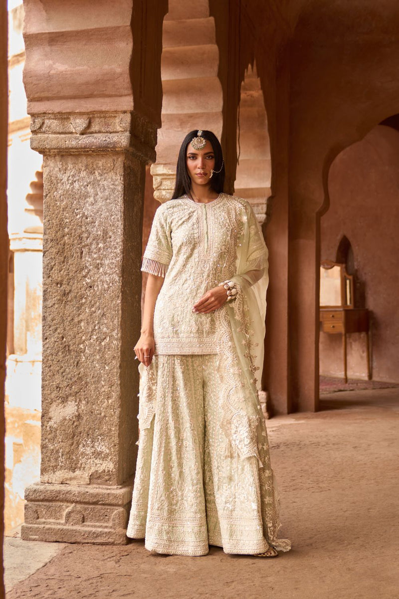 HEER - MINT GREEN SHORT KURTA WITH SHARARA AND DUPATTA silk organza kurta/kurta set by SHEETAL BATRA in mint green for women Worldwide