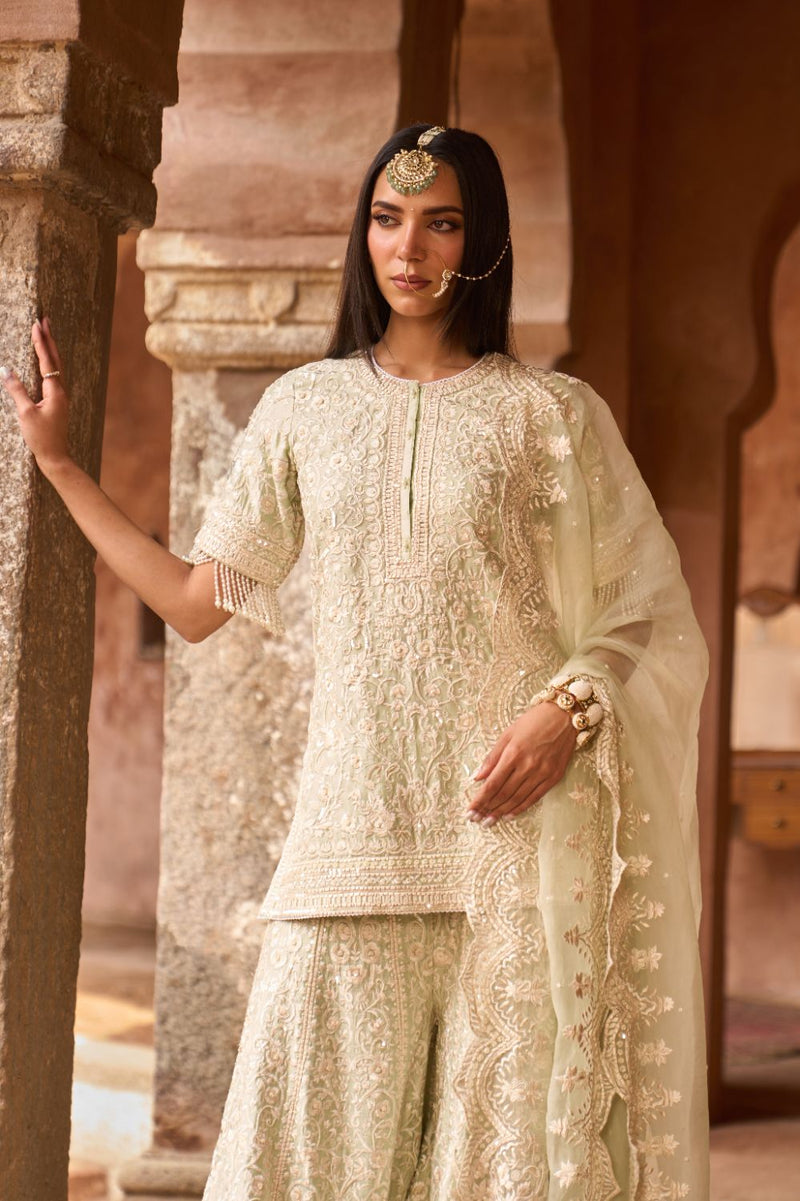 HEER - MINT GREEN SHORT KURTA WITH SHARARA AND DUPATTA silk organza kurta/kurta set by SHEETAL BATRA in mint green for women Worldwide