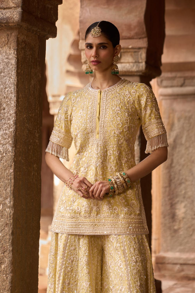 HEER - LEMON YELLOW SHORT KURTA WITH SHARARA AND DUPATTA silk organza kurta/kurta set by SHEETAL BATRA in lemon yellow for women Worldwide
