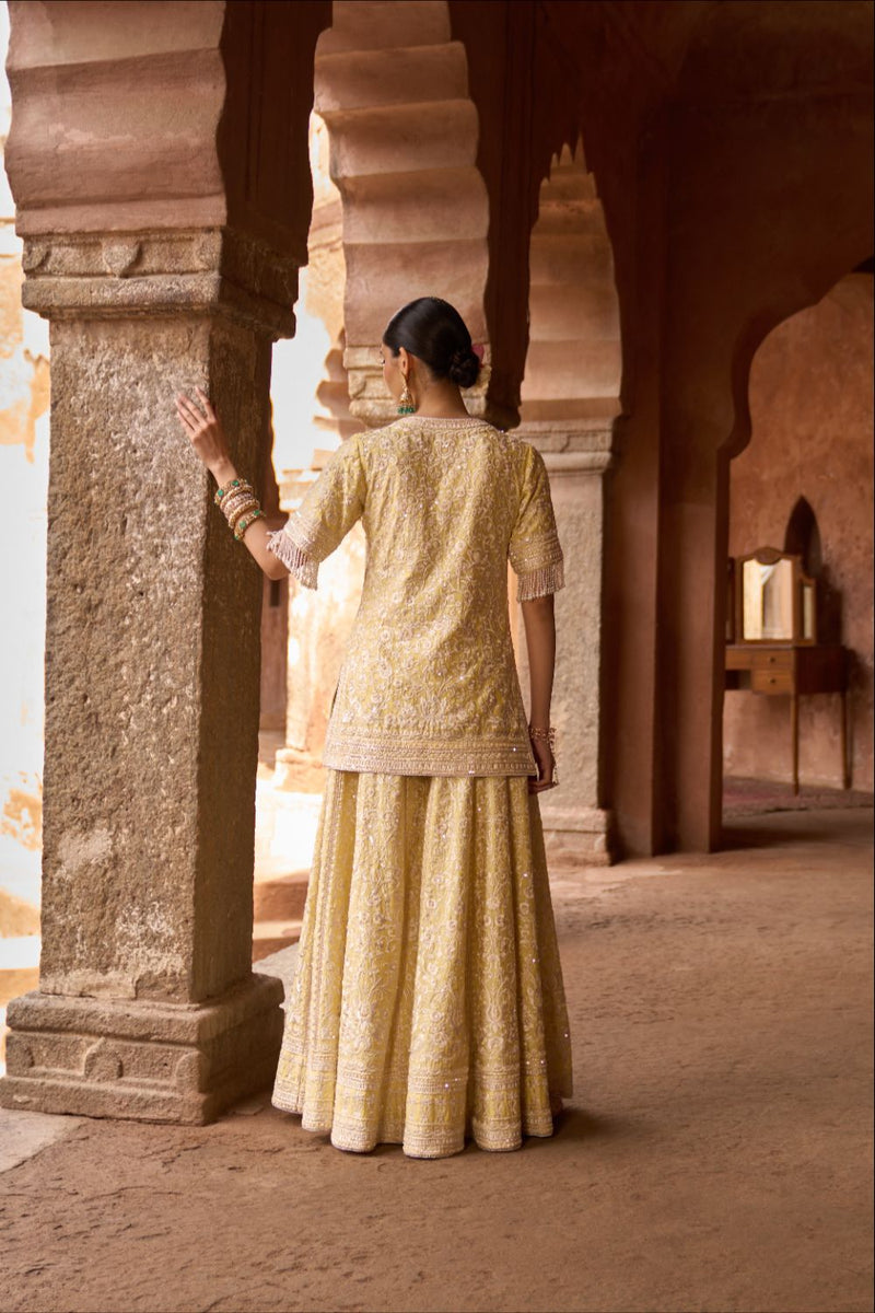 HEER - LEMON YELLOW SHORT KURTA WITH SHARARA AND DUPATTA silk organza kurta/kurta set by SHEETAL BATRA in lemon yellow for women Worldwide