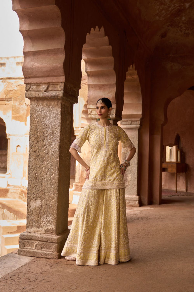 HEER - LEMON YELLOW SHORT KURTA WITH SHARARA AND DUPATTA silk organza kurta/kurta set by SHEETAL BATRA in lemon yellow for women Worldwide