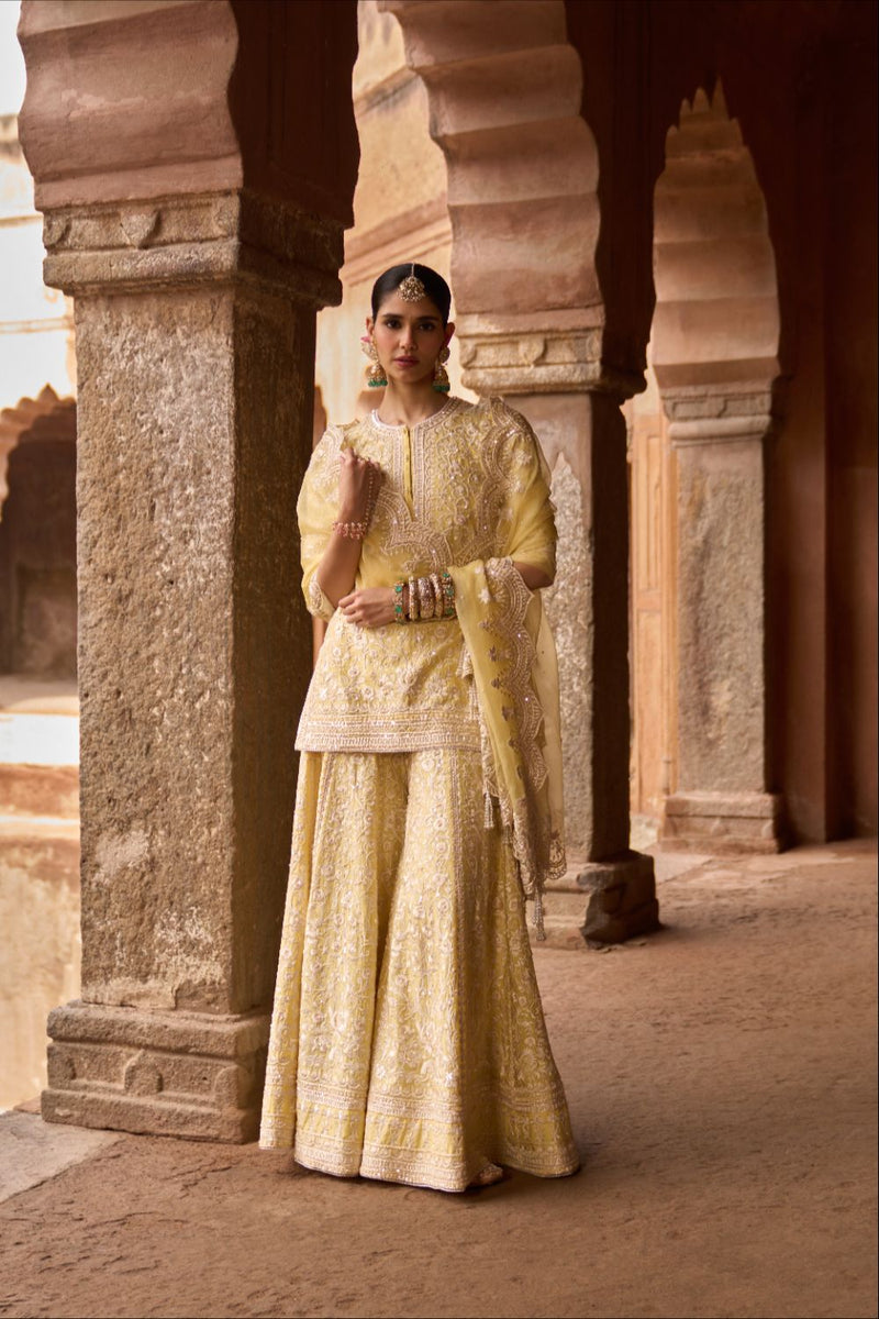 HEER - LEMON YELLOW SHORT KURTA WITH SHARARA AND DUPATTA silk organza kurta/kurta set by SHEETAL BATRA in lemon yellow for women Worldwide