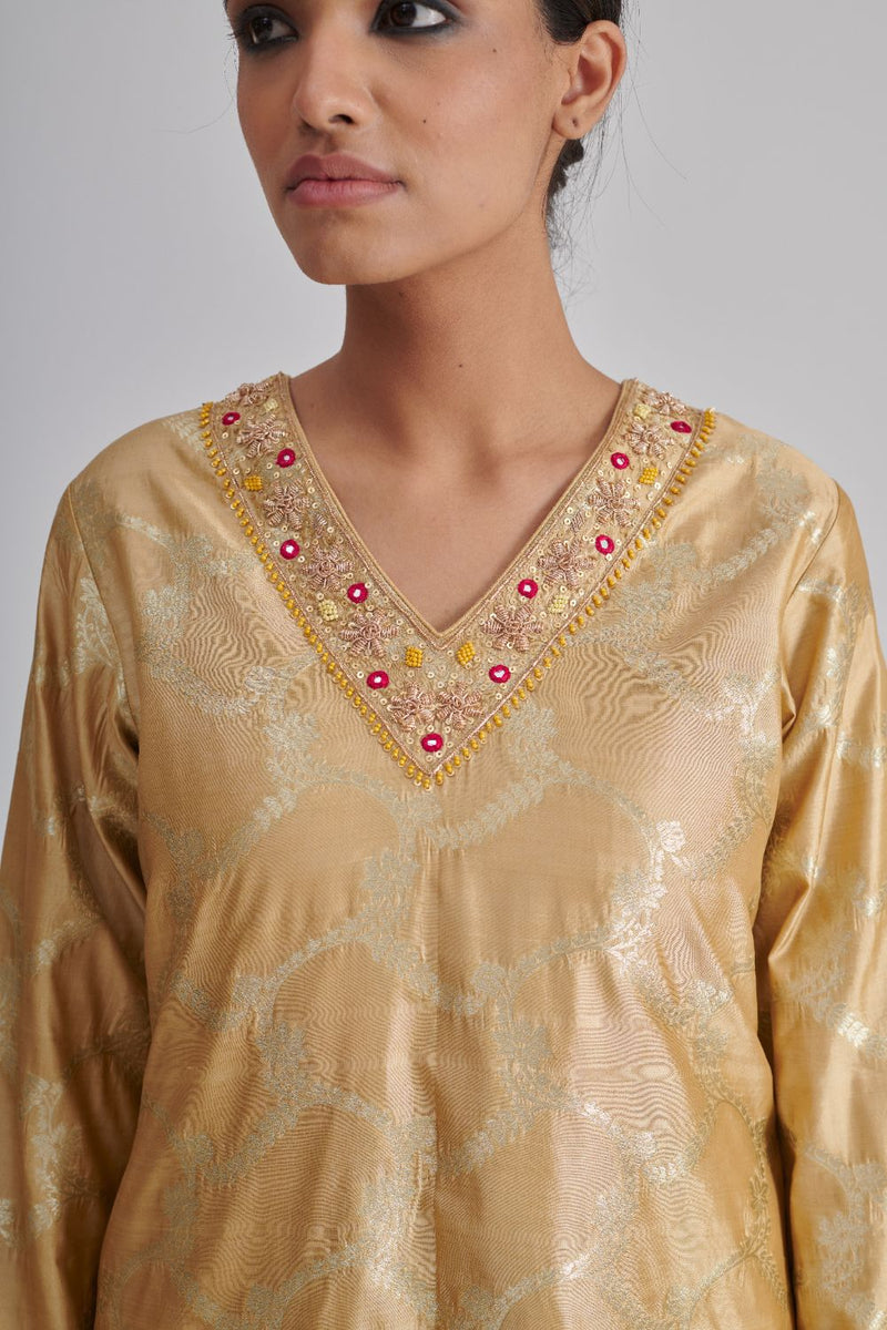 HEER & ZUNAIRA KURTA & PANT silk by Rashika Mittal in gold color for women Worldwide
