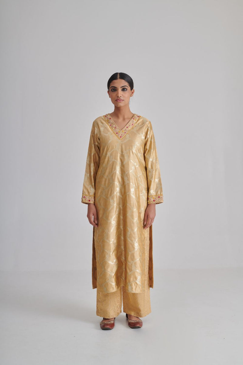 HEER & ZUNAIRA KURTA & PANT silk by Rashika Mittal in gold color for women Worldwide