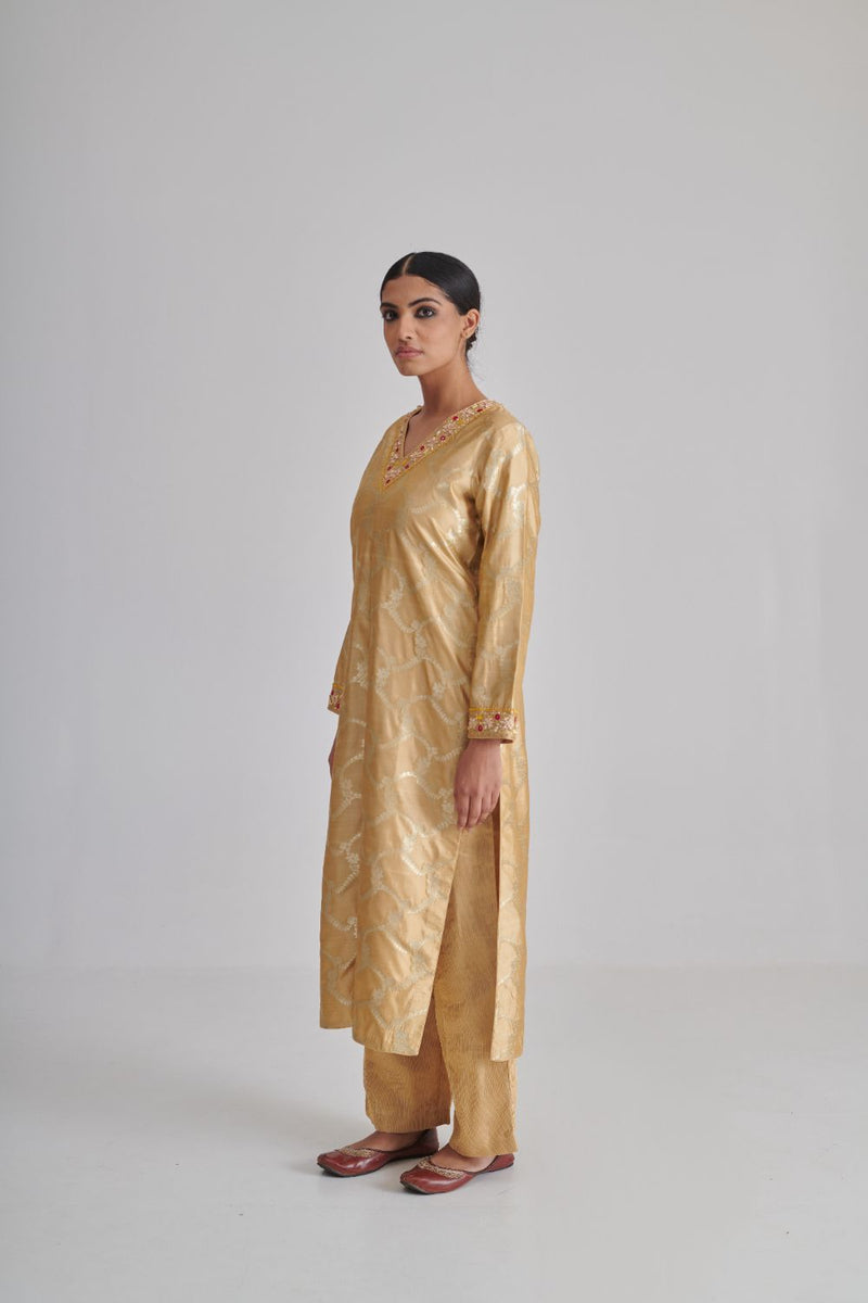 HEER & ZUNAIRA KURTA & PANT silk by Rashika Mittal in gold color for women Worldwide