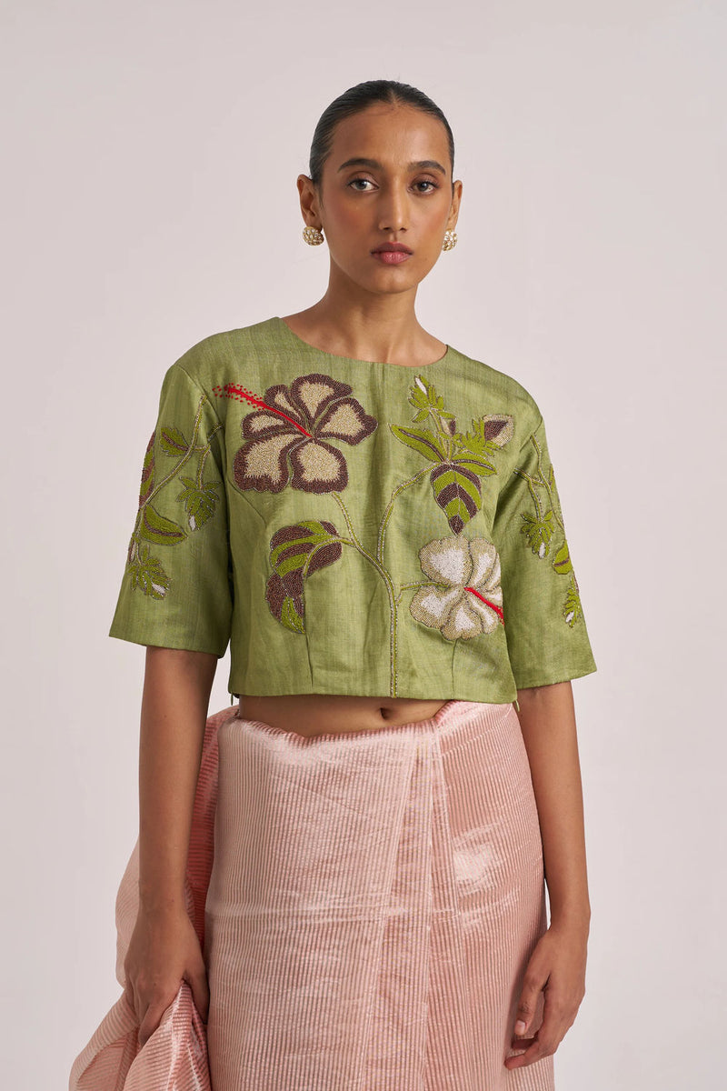 Hibiscus Blouse-Green tissue by Suparna Som in red for women Worldwide