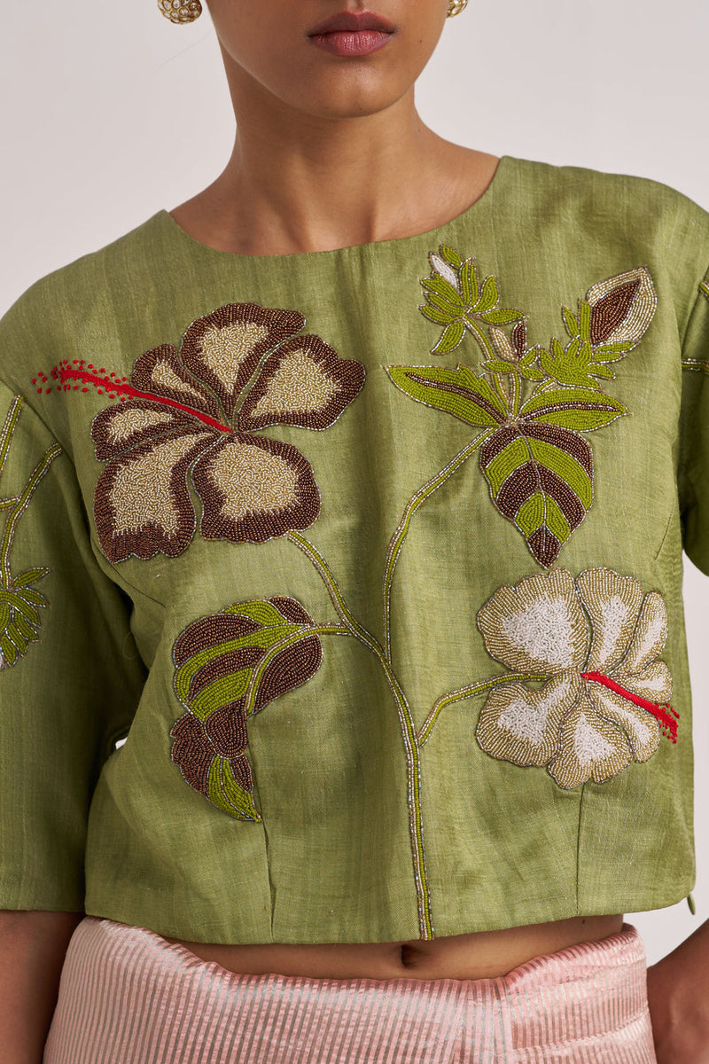 Hibiscus Blouse-Green tissue by Suparna Som in red for women Worldwide