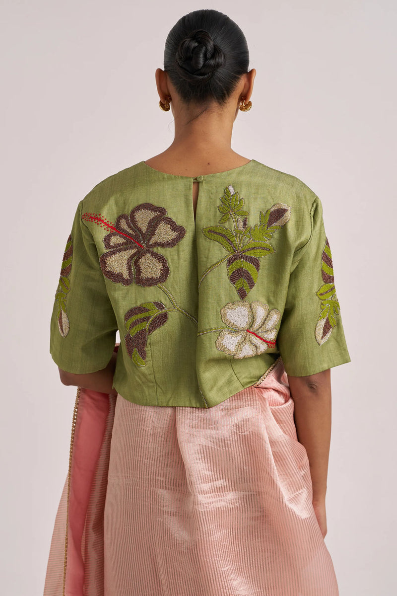 Hibiscus Blouse-Green tissue by Suparna Som in red for women Worldwide