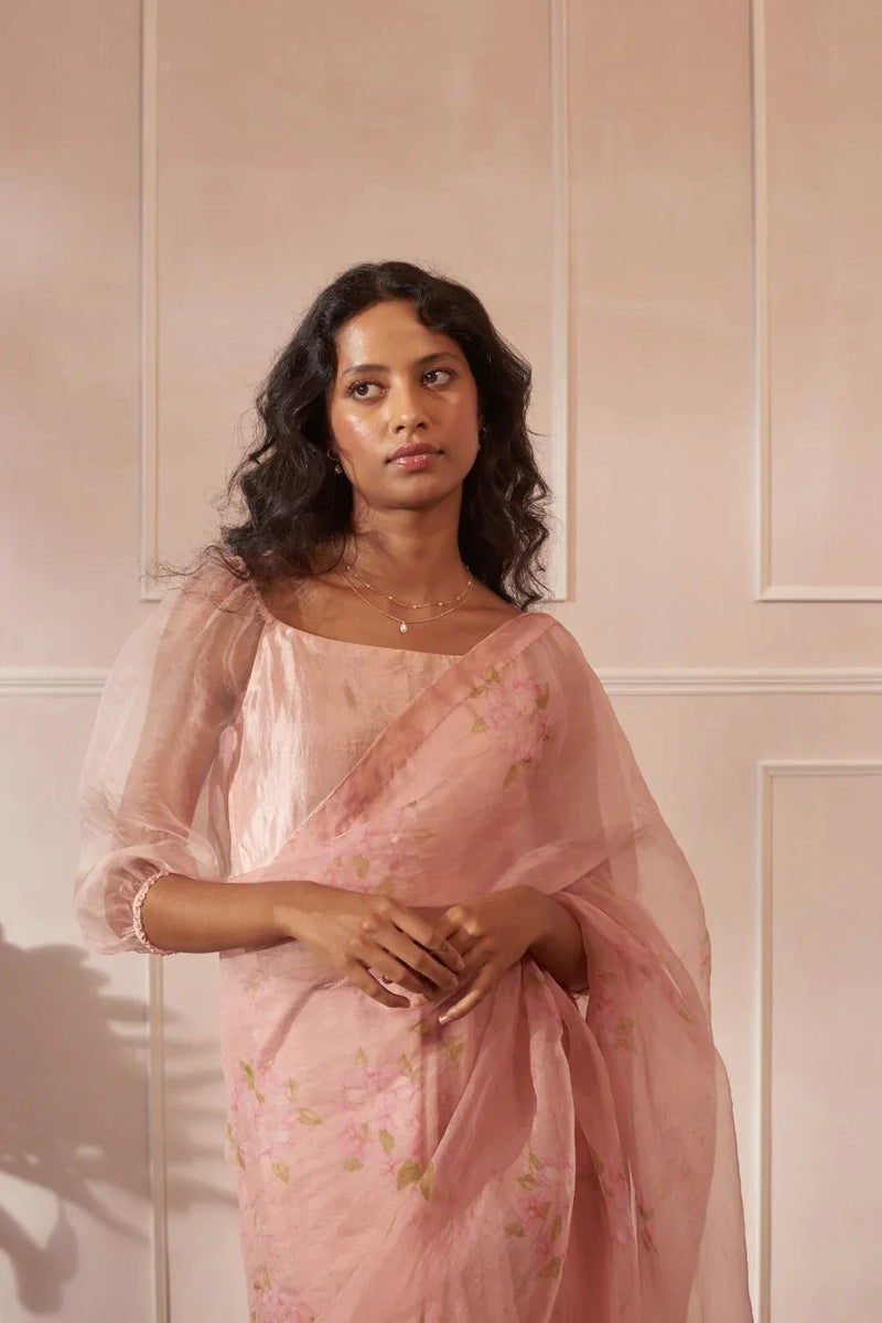 Half Mulberry Silk Half Organza Bougainvillea Sari silk by Nadiya Paar in pink color for women Worldwide